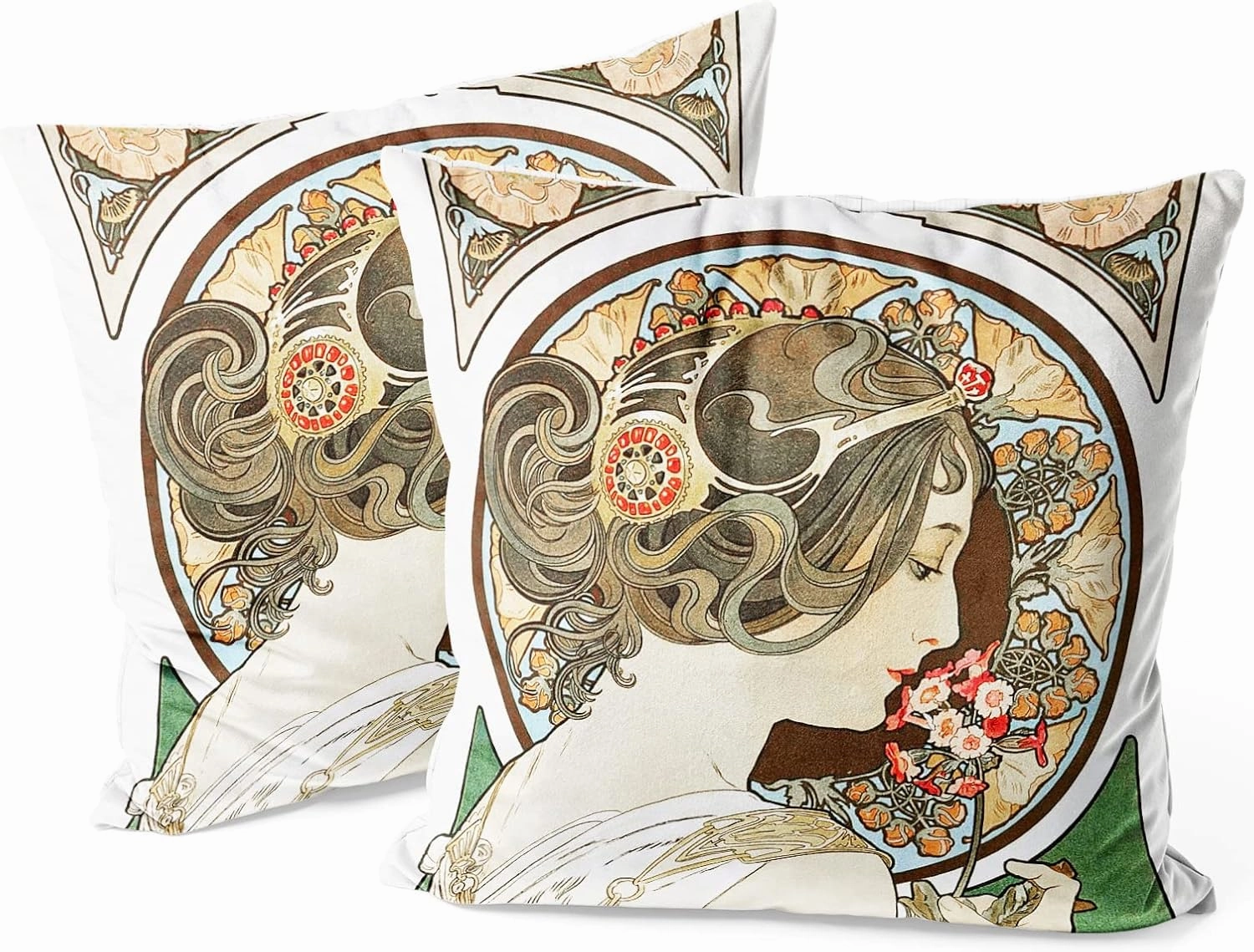 Berkin Arts Decorative Square Throw Pillow Covers Designed of Art Decor, Polyester Blend. Pack of 2, 18x18 Inch. Flower Fairy Soft Girls for Sofa (Primrose by Alphonse Mucha)