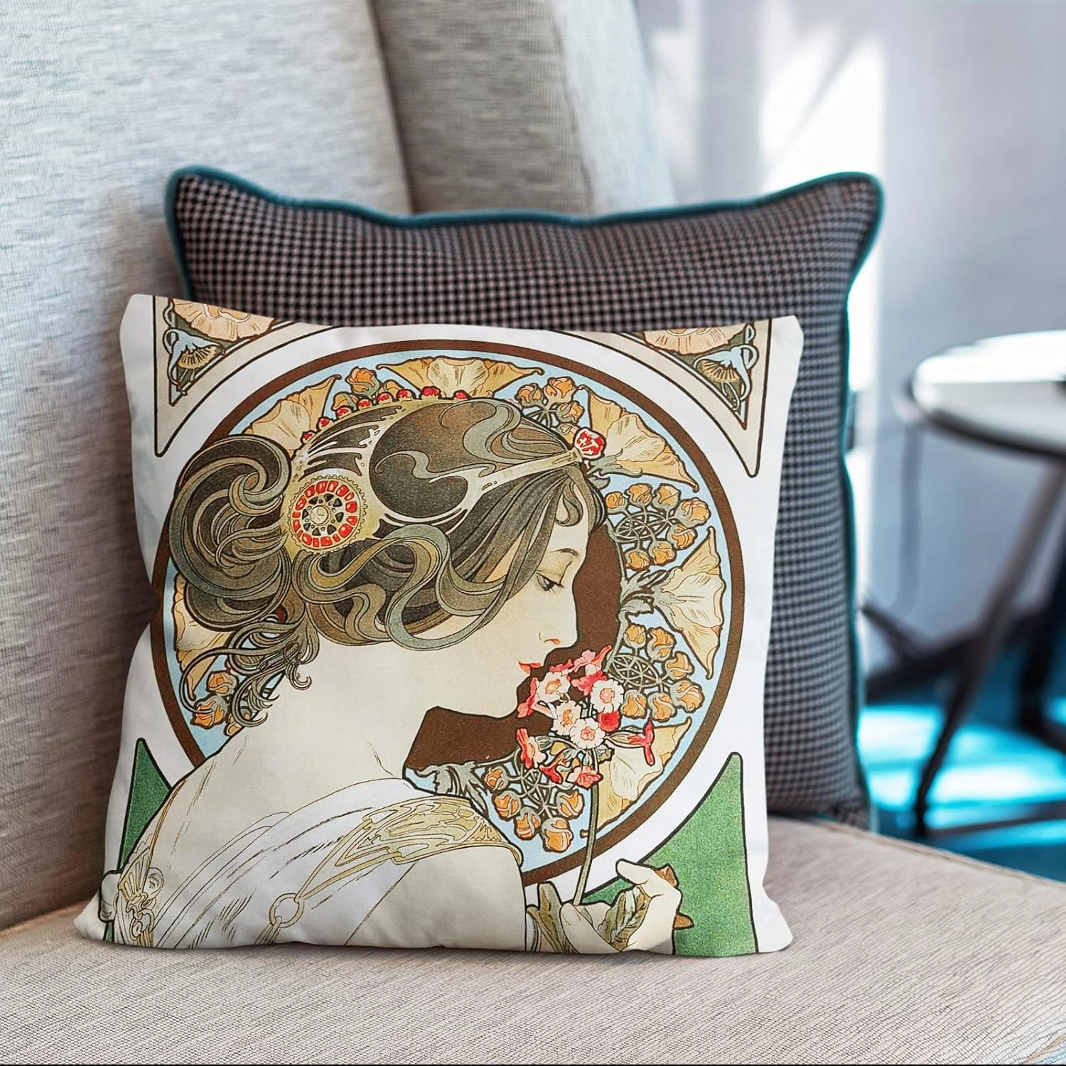 Berkin Arts Decorative Square Throw Pillow Covers Designed of Art Decor, Polyester Blend. Pack of 2, 18x18 Inch. Flower Fairy Soft Girls for Sofa (Primrose by Alphonse Mucha)