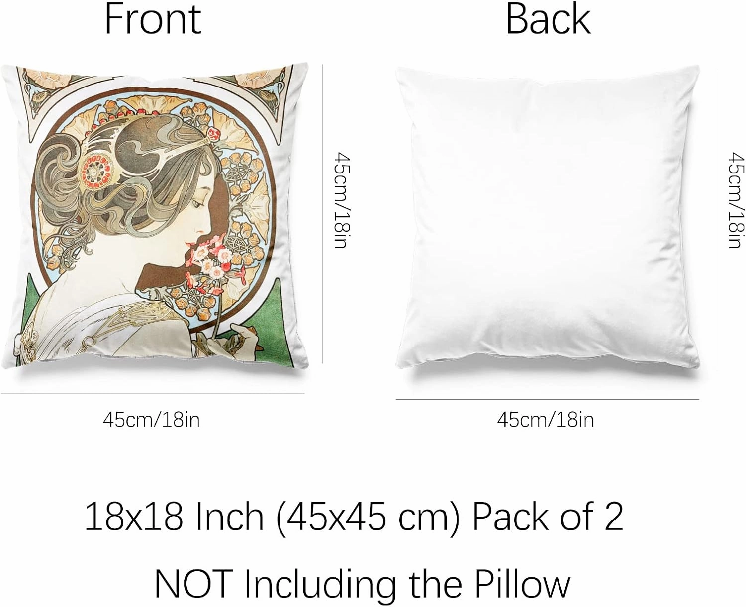 Berkin Arts Decorative Square Throw Pillow Covers Designed of Art Decor, Polyester Blend. Pack of 2, 18x18 Inch. Flower Fairy Soft Girls for Sofa (Primrose by Alphonse Mucha)