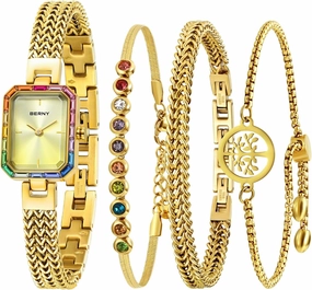 BERNY Gold Watches for Women Dainty Quartz Bracelet Watch Ladies Wrist Watch and Bracelet Set Coloured Stones Accented Fashion Luxury Birthday Gifts for Women
