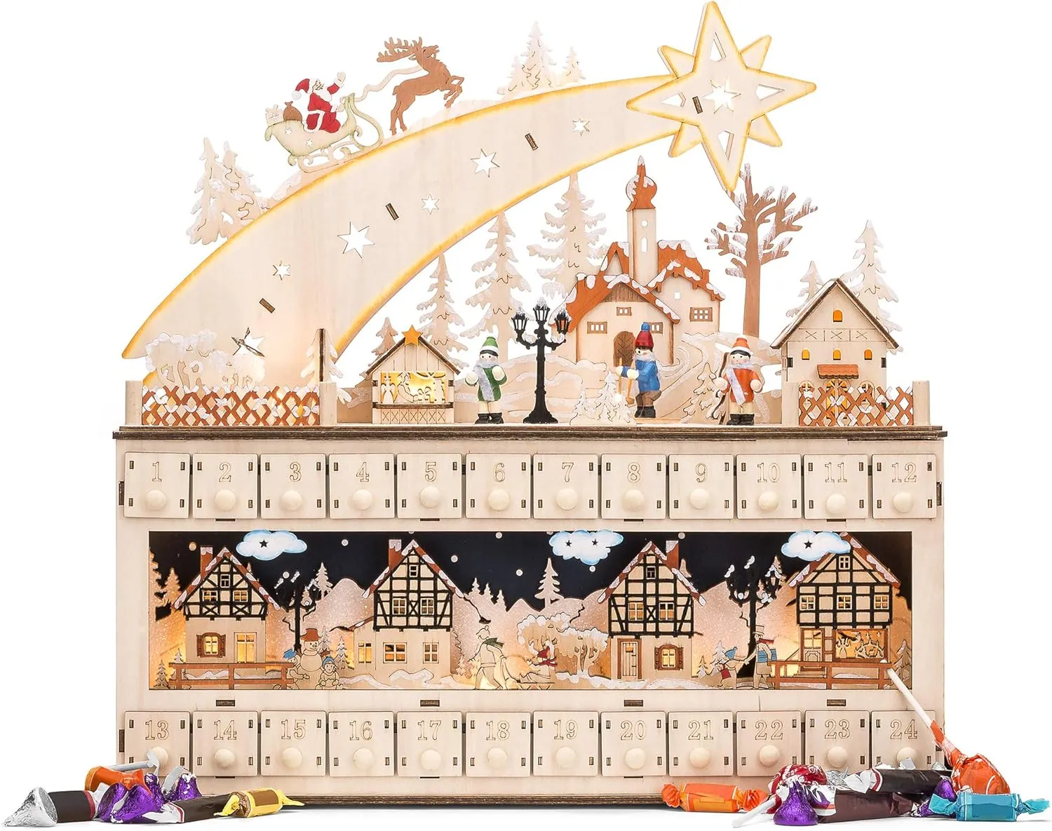 Best Choice Products Wooden Christmas Advent Calendar, Shooting Star Holiday Decoration w/Battery-Operated LED Light Background