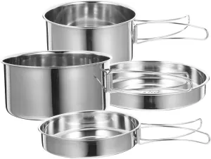 BESTonZON 1Set Portable Camping Cookware Stainless Steel Cooking Kit with Frying Pan Stew Pot and Cups for Outdoor Cooking Lightweight and Durable Kitchenware for Hiking