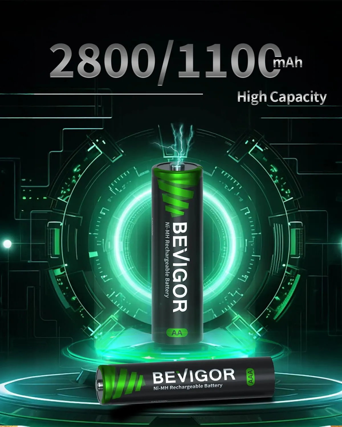 BEVIGOR 16 Sets AA AAA Rechargeable Batteries, High Capacity 8-Pack AA 2800mAh & 8-Pack AAA 1100mAh, 1.2V NiMH Low Self Discharge