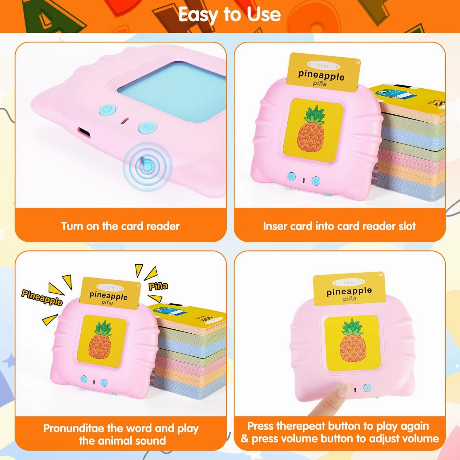 Bilingual English & Spanish Flash Cards for Toddlers, Audible Toys Learning Spanish for Kids Adults, Speech Therapy Toys, Educational Learning Talking Flash Cards 385 Sight Words-Pink