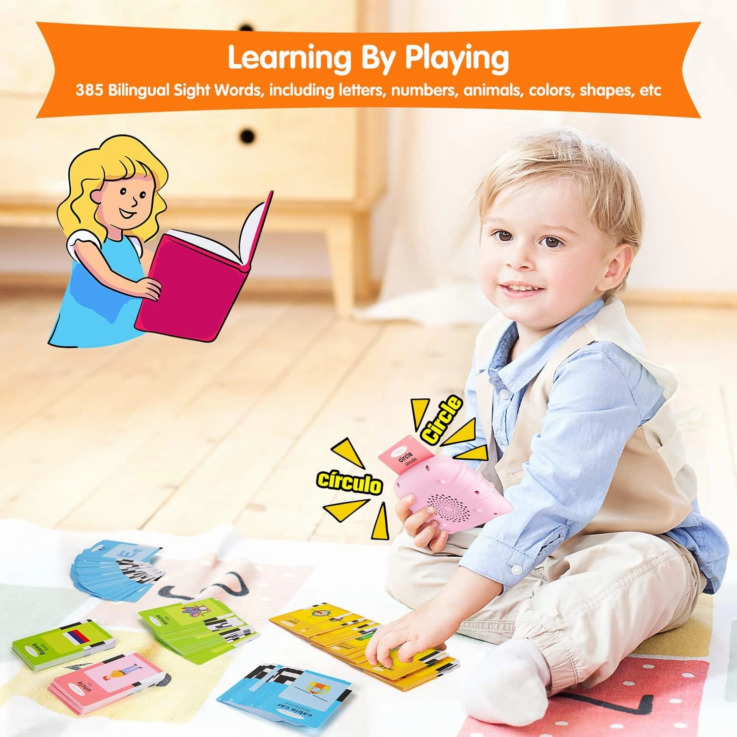 Bilingual English & Spanish Flash Cards for Toddlers, Audible Toys Learning Spanish for Kids Adults, Speech Therapy Toys, Educational Learning Talking Flash Cards 385 Sight Words-Pink