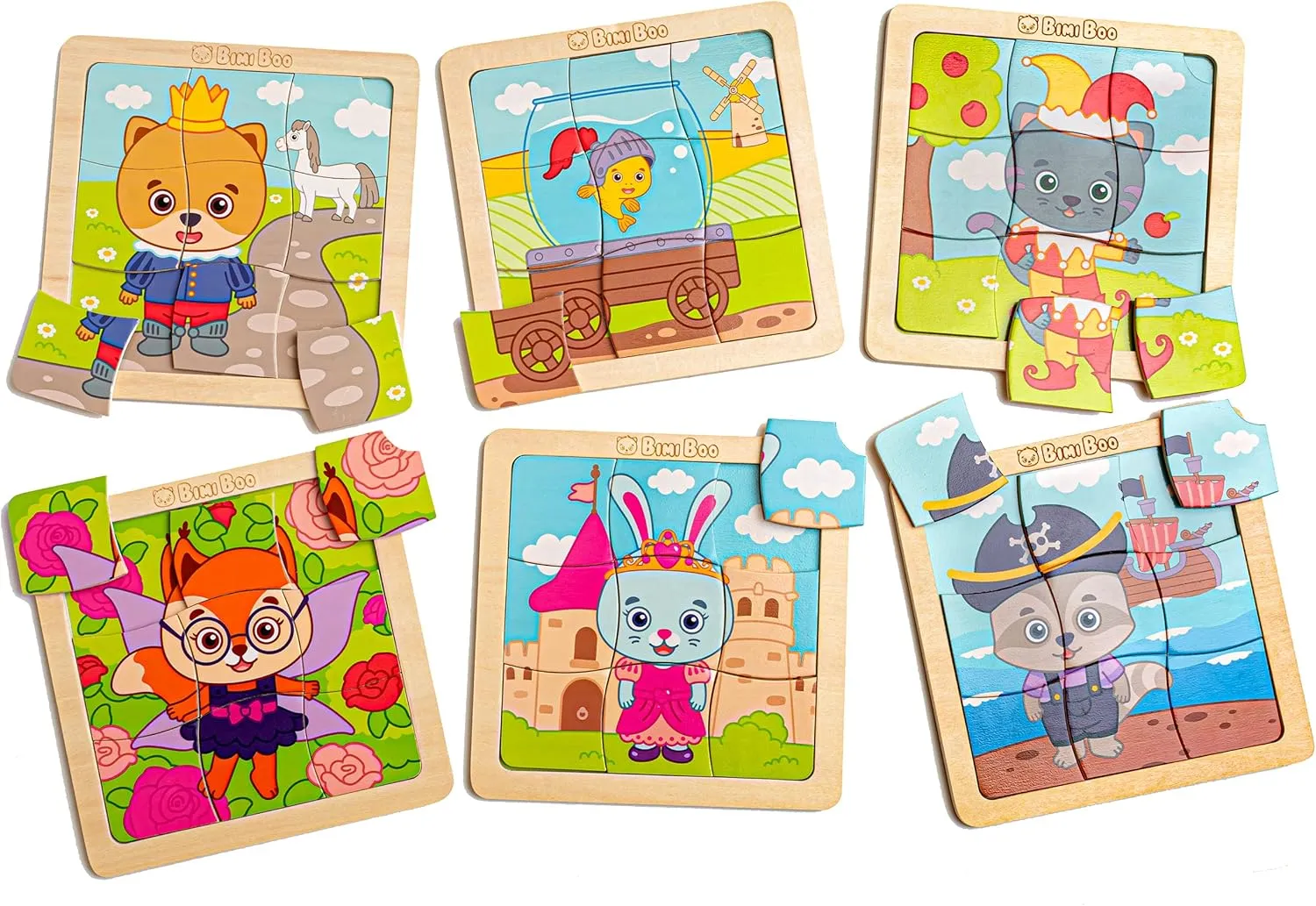 Bimi Boo 6-Sets of Wooden Fairy Tale Puzzles for Toddlers 1-3 - Preschooler Montessori 9-Pieces Jigsaw Puzzle Sets - STEM Educational Learning Wooden Toy for Babies (9 Pcs Per Set, 6 Sets)