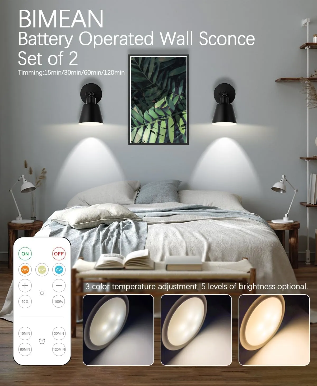 Black Battery Operated Wall Sconce Set of 3, Easy to Install Wireless Lights for Wall, Remote Control Dimmable LED Lights, Auto Timer Wall Lamp Fixtures for Bedroom, Gallery, Living Room, RV