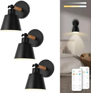 Black Battery Operated Wall Sconce Set of 3, Easy to Install Wireless Lights for Wall, Remote Control Dimmable LED Lights, Auto Timer Wall Lamp Fixtures for Bedroom, Gallery, Living Room, RV