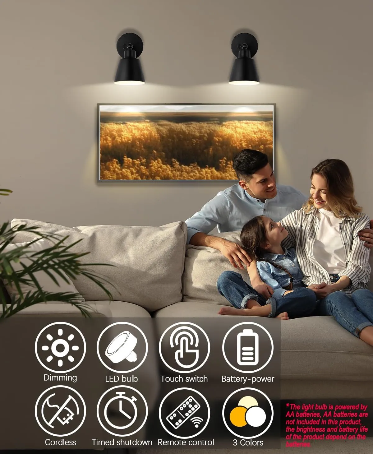 Black Battery Operated Wall Sconce Set of 3, Easy to Install Wireless Lights for Wall, Remote Control Dimmable LED Lights, Auto Timer Wall Lamp Fixtures for Bedroom, Gallery, Living Room, RV