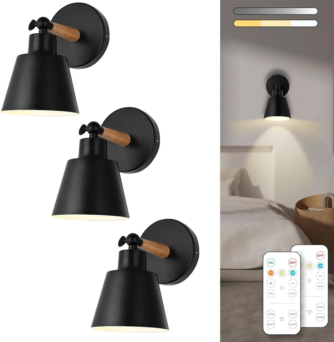 Black Battery Operated Wall Sconce Set of 3, Easy to Install Wireless Lights for Wall, Remote Control Dimmable LED Lights, Auto Timer Wall Lamp Fixtures for Bedroom, Gallery, Living Room, RV