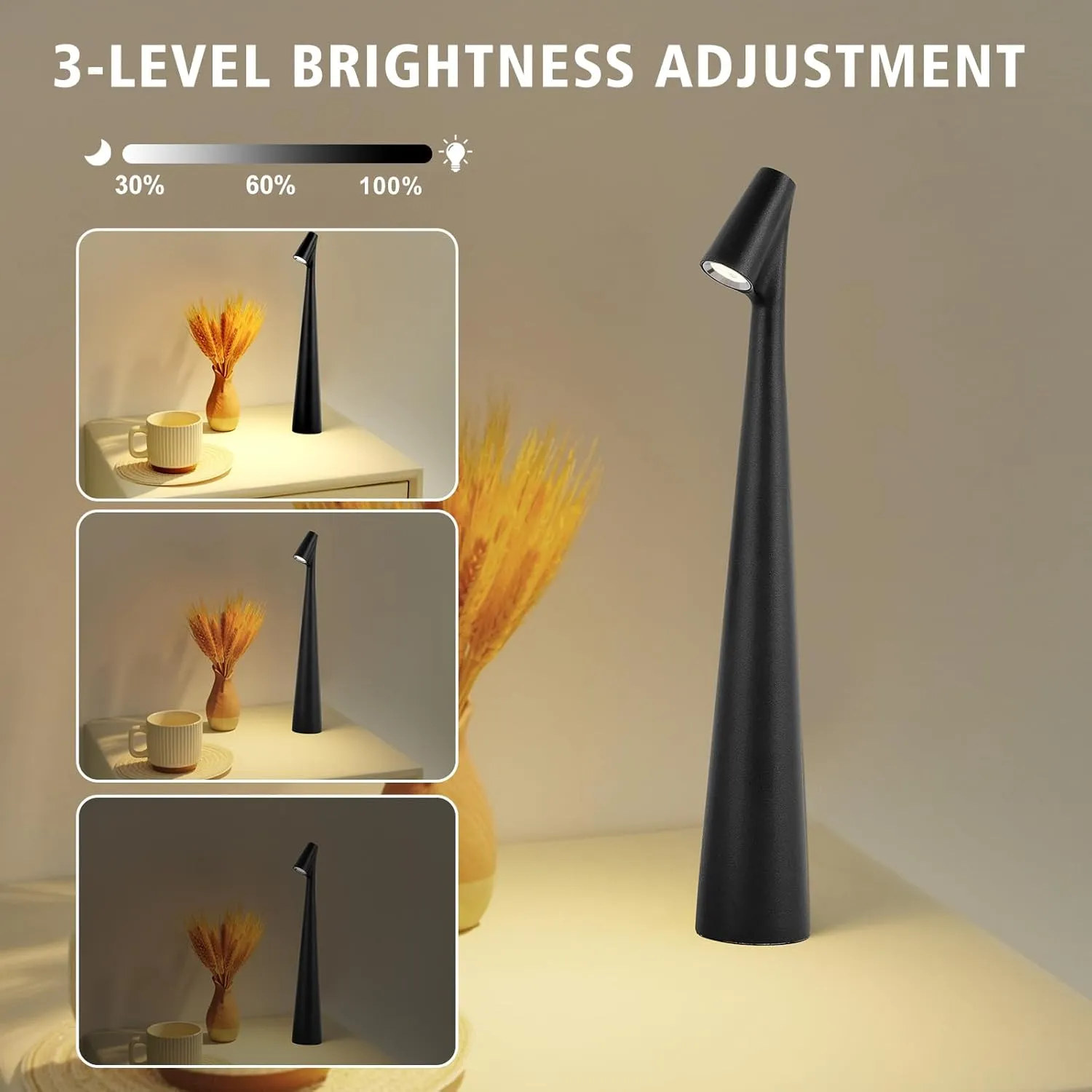 Black Set of 2 Cordless Table Lamps Rechargeable Battery Operated Lamp Touch,Waterproof Desk Lights for Reading,Bedroom, Living Room,Nightstand,3 Levels Brightness