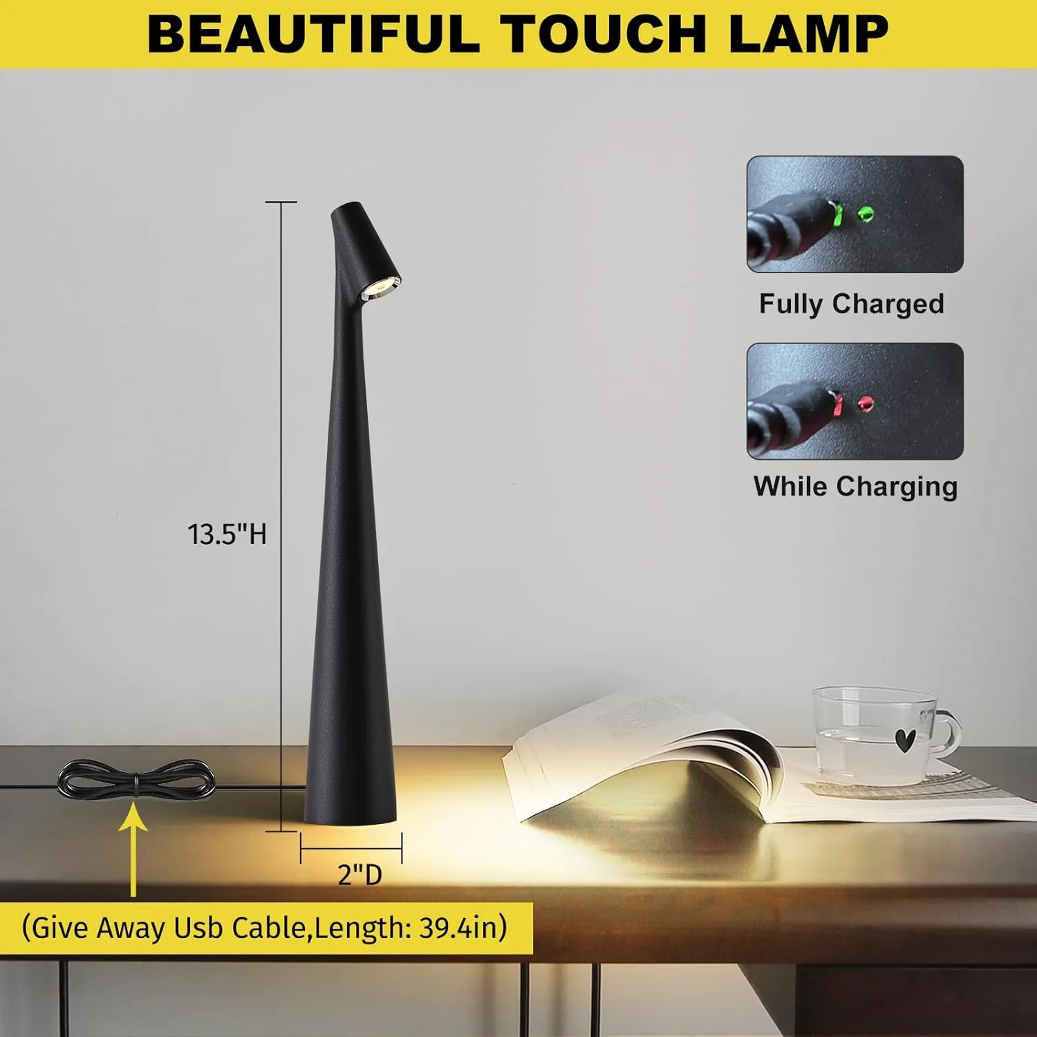 Black Set of 2 Cordless Table Lamps Rechargeable Battery Operated Lamp Touch,Waterproof Desk Lights for Reading,Bedroom, Living Room,Nightstand,3 Levels Brightness