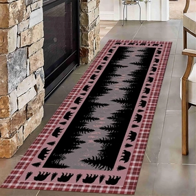 Black Bear Runner Rug, 2x10ft, Retro Animals Woodland Bear Dark red Plaid Hallway Rug, Rubber Backed Non Slip Home Decor Runner Carpet for Farmhouse Kitchen Room Washable Rug