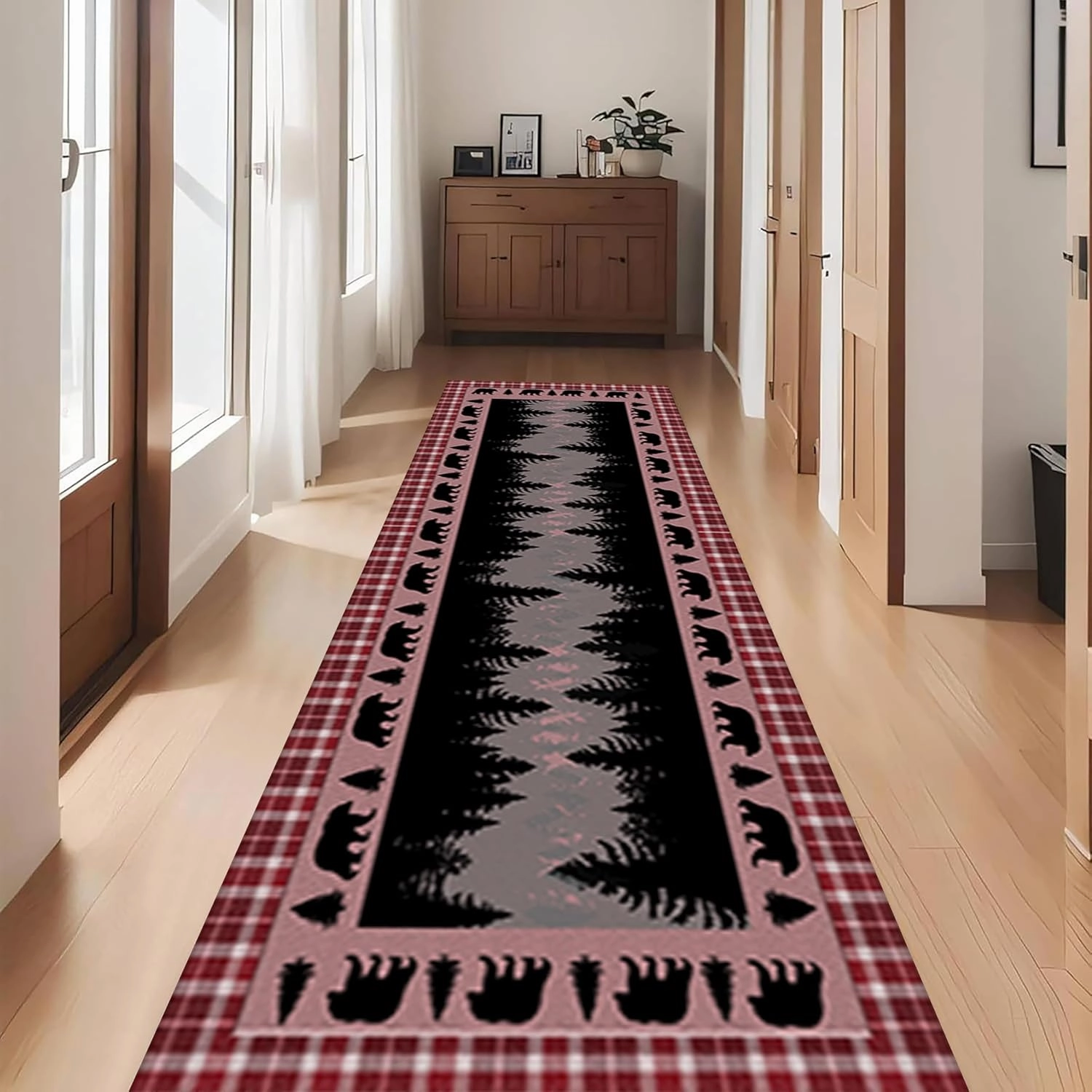 Black Bear Runner Rug, 2x10ft, Retro Animals Woodland Bear Dark red Plaid Hallway Rug, Rubber Backed Non Slip Home Decor Runner Carpet for Farmhouse Kitchen Room Washable Rug