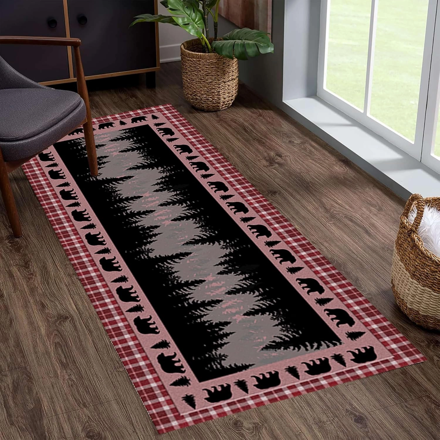 Black Bear Runner Rug, 2x10ft, Retro Animals Woodland Bear Dark red Plaid Hallway Rug, Rubber Backed Non Slip Home Decor Runner Carpet for Farmhouse Kitchen Room Washable Rug