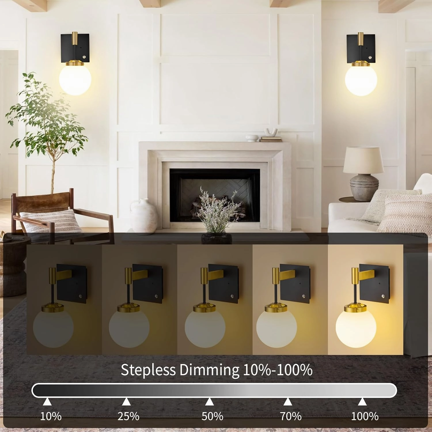 Black Gold Rechargeable Battery Operated Wall Sconce Set of 2, 3000K/4500K/6000K Wall Light with Remote Control, Wireless Wall Lamp with Milk White Glass Lampshades for Living Room, Bedroom 2 Pack