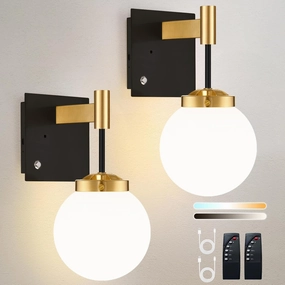 Black Gold Rechargeable Battery Operated Wall Sconce Set of 2, 3000K/4500K/6000K Wall Light with Remote Control, Wireless Wall Lamp with Milk White Glass Lampshades for Living Room, Bedroom 2 Pack