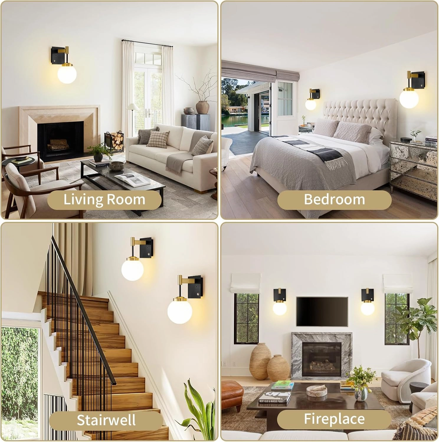 Black Gold Rechargeable Battery Operated Wall Sconce Set of 2, 3000K/4500K/6000K Wall Light with Remote Control, Wireless Wall Lamp with Milk White Glass Lampshades for Living Room, Bedroom 2 Pack