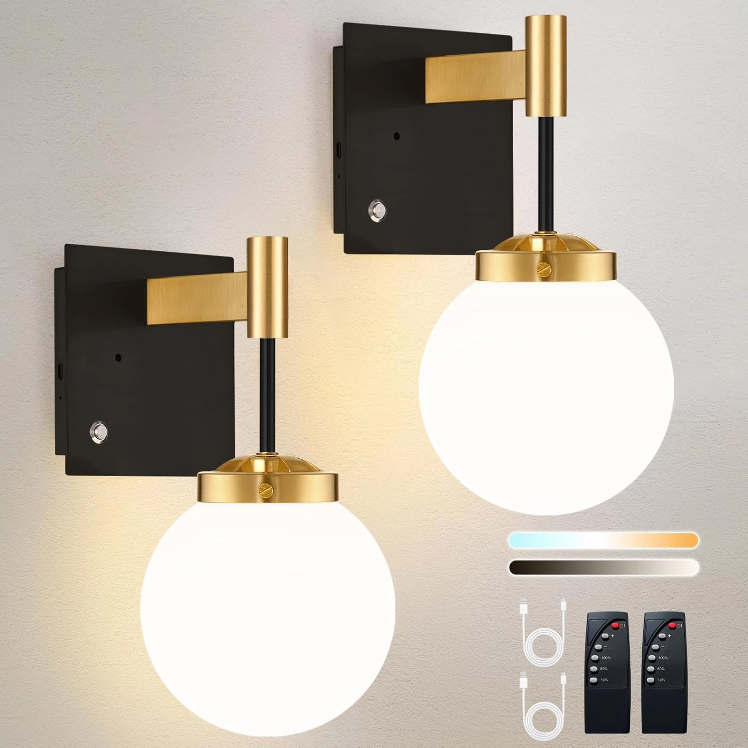 Black Gold Rechargeable Battery Operated Wall Sconce Set of 2, 3000K/4500K/6000K Wall Light with Remote Control, Wireless Wall Lamp with Milk White Glass Lampshades for Living Room, Bedroom 2 Pack