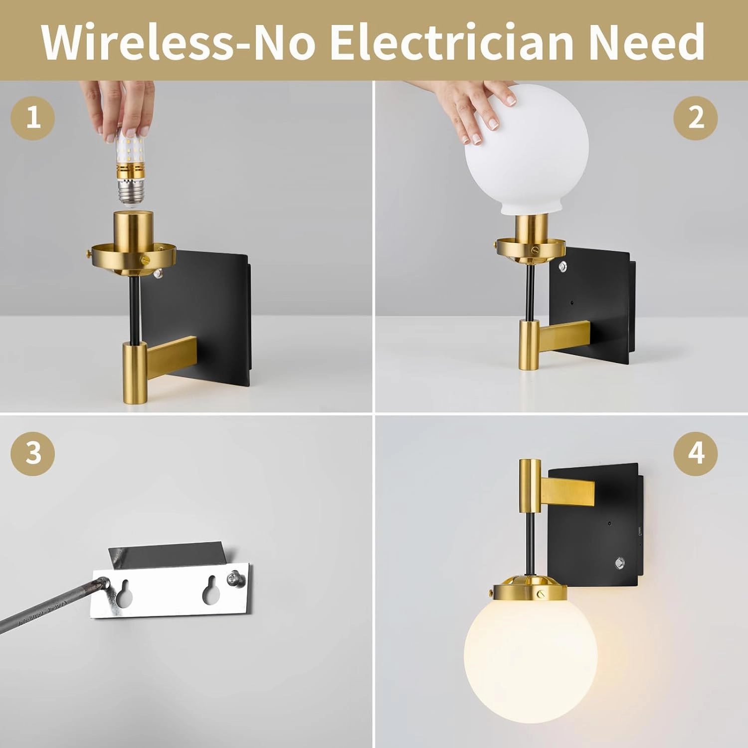 Black Gold Rechargeable Battery Operated Wall Sconce Set of 2, 3000K/4500K/6000K Wall Light with Remote Control, Wireless Wall Lamp with Milk White Glass Lampshades for Living Room, Bedroom 2 Pack