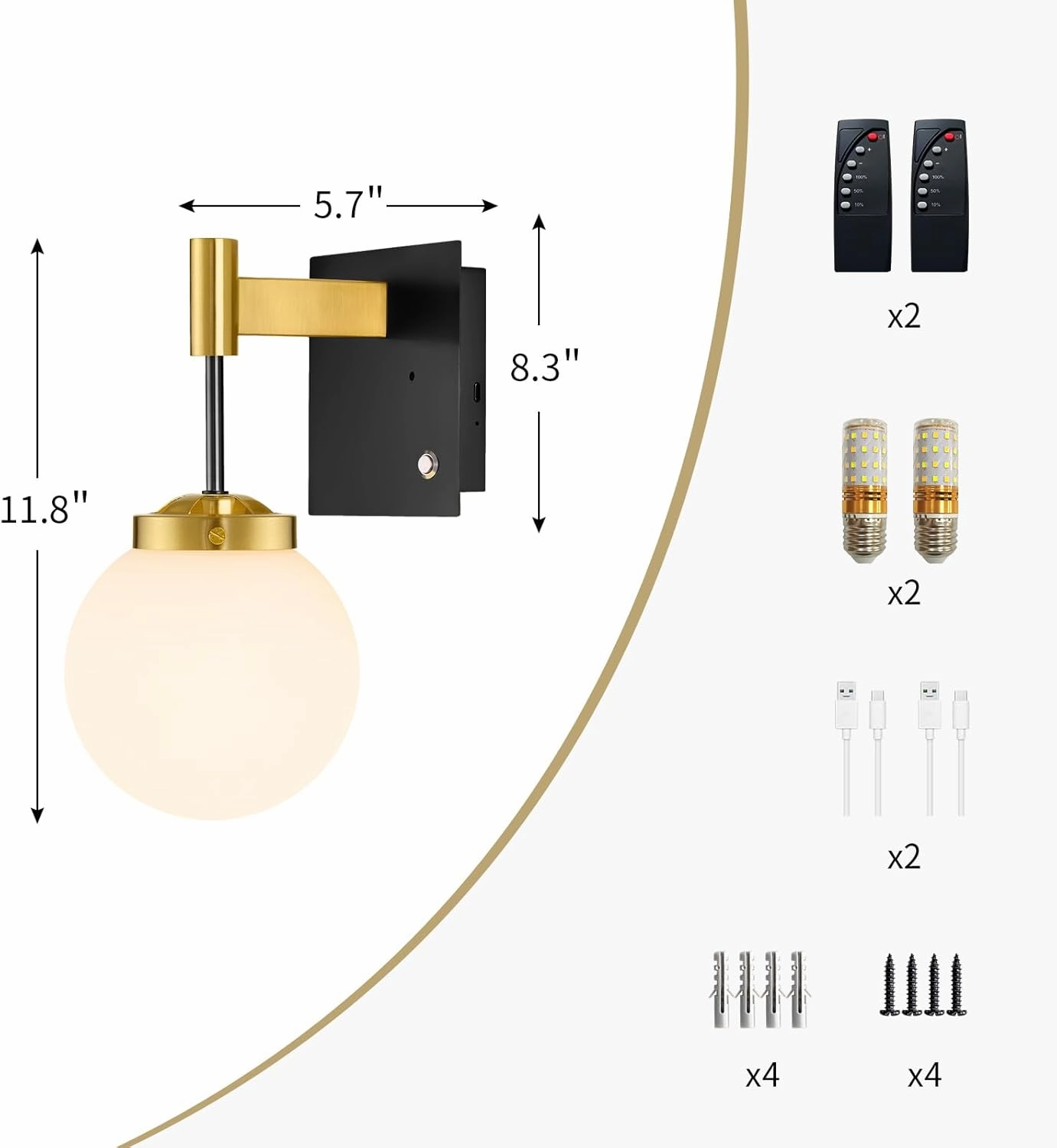 Black Gold Rechargeable Battery Operated Wall Sconce Set of 2, 3000K/4500K/6000K Wall Light with Remote Control, Wireless Wall Lamp with Milk White Glass Lampshades for Living Room, Bedroom 2 Pack