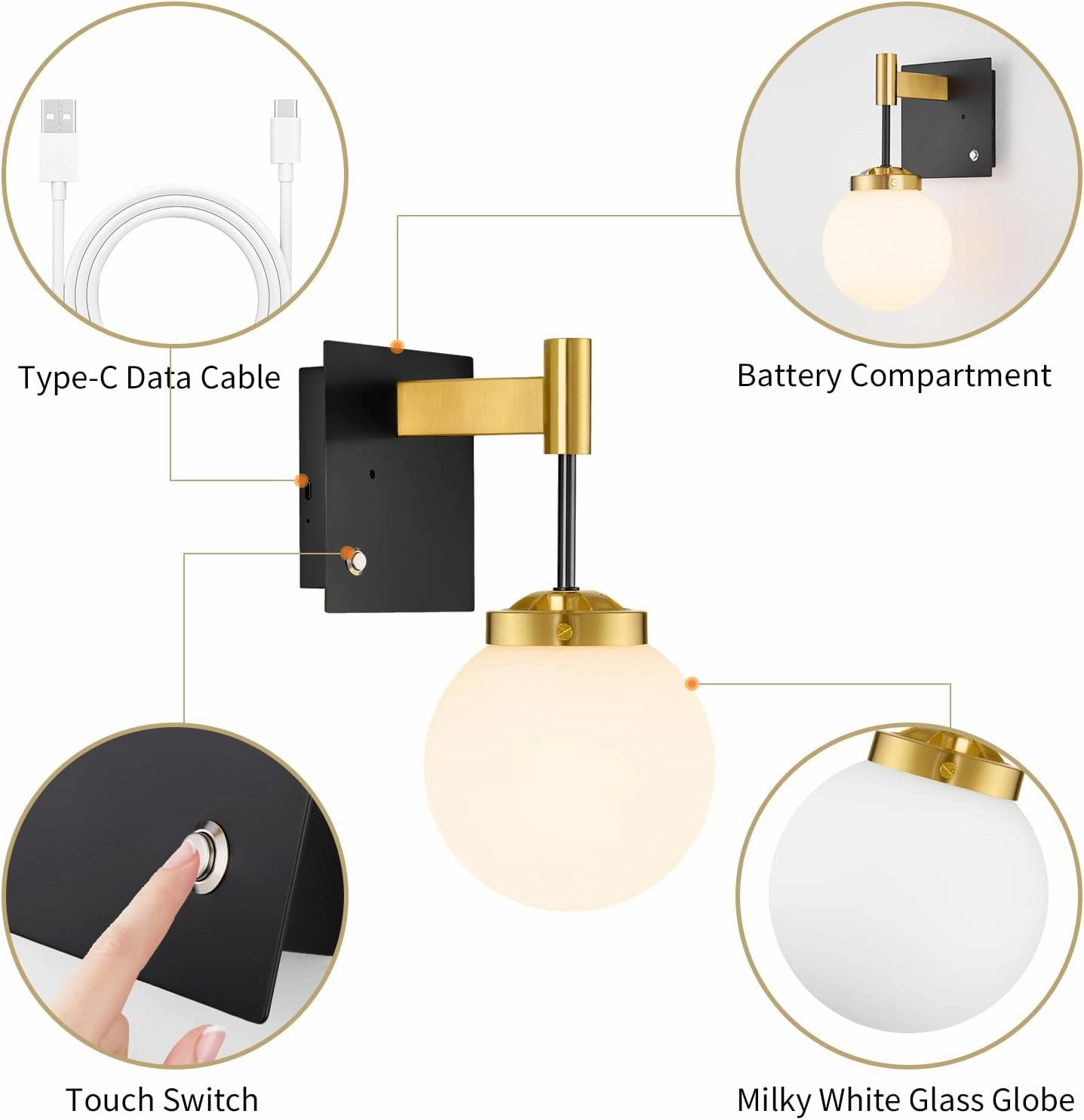 Black Gold Rechargeable Battery Operated Wall Sconce Set of 2, 3000K/4500K/6000K Wall Light with Remote Control, Wireless Wall Lamp with Milk White Glass Lampshades for Living Room, Bedroom 2 Pack