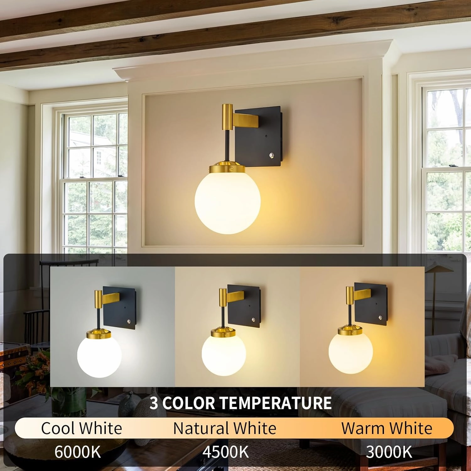 Black Gold Rechargeable Battery Operated Wall Sconce Set of 2, 3000K/4500K/6000K Wall Light with Remote Control, Wireless Wall Lamp with Milk White Glass Lampshades for Living Room, Bedroom 2 Pack