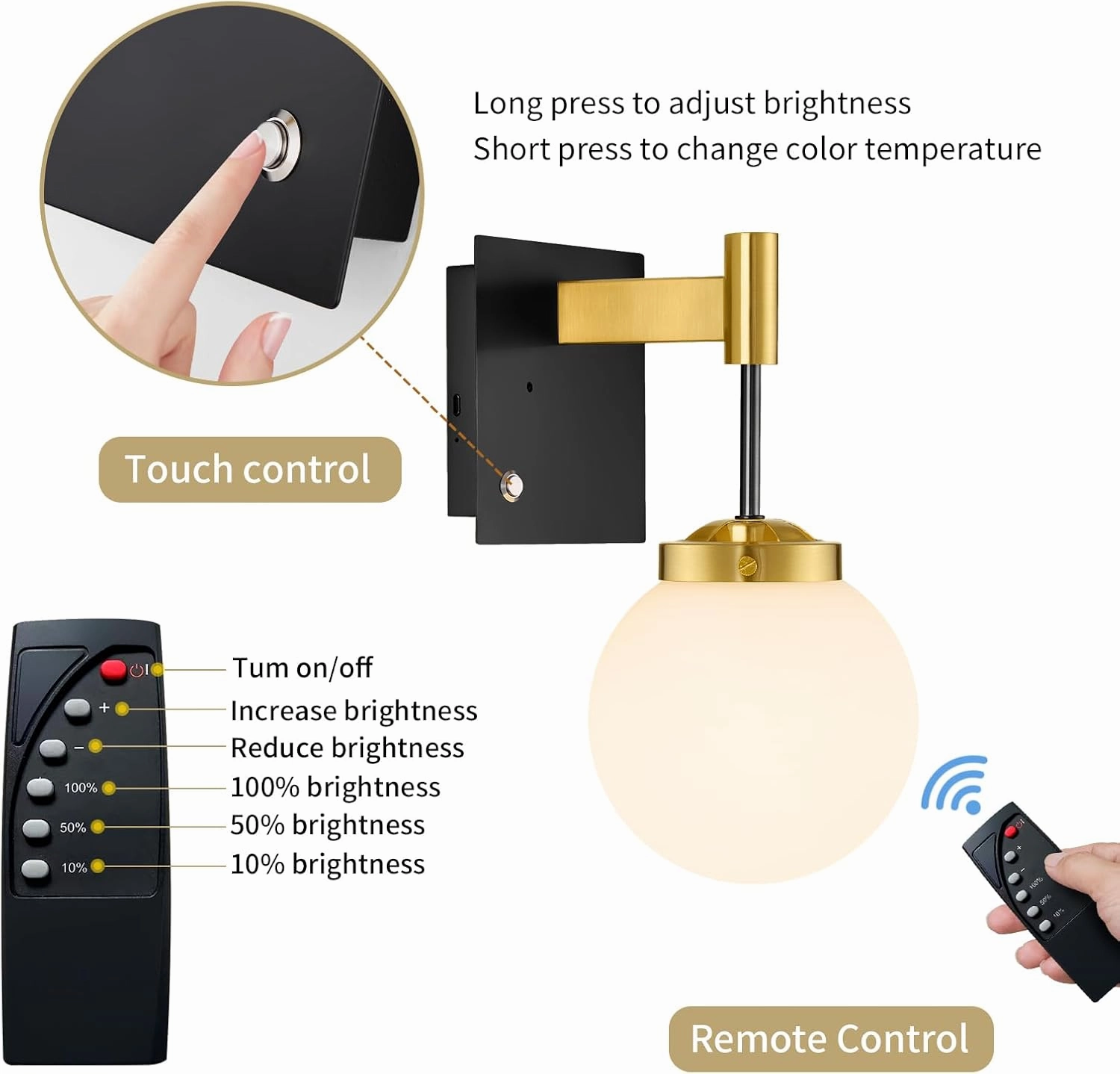 Black Gold Rechargeable Battery Operated Wall Sconce Set of 2, 3000K/4500K/6000K Wall Light with Remote Control, Wireless Wall Lamp with Milk White Glass Lampshades for Living Room, Bedroom 2 Pack