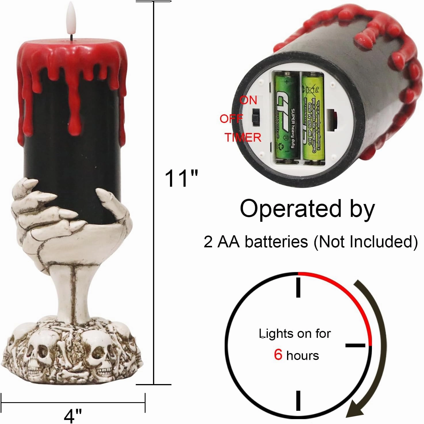Black Halloween Flameless Candles with 6H Timer, Battery Operated LED Pillar Candles with Skull Hand Candle Holder, Halloween Decorations Dripping Wax Horror Spooky Indoor Table Centerpiece