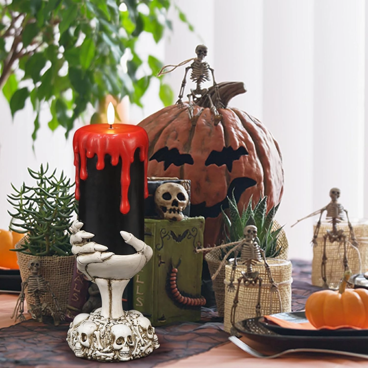 Black Halloween Flameless Candles with 6H Timer, Battery Operated LED Pillar Candles with Skull Hand Candle Holder, Halloween Decorations Dripping Wax Horror Spooky Indoor Table Centerpiece