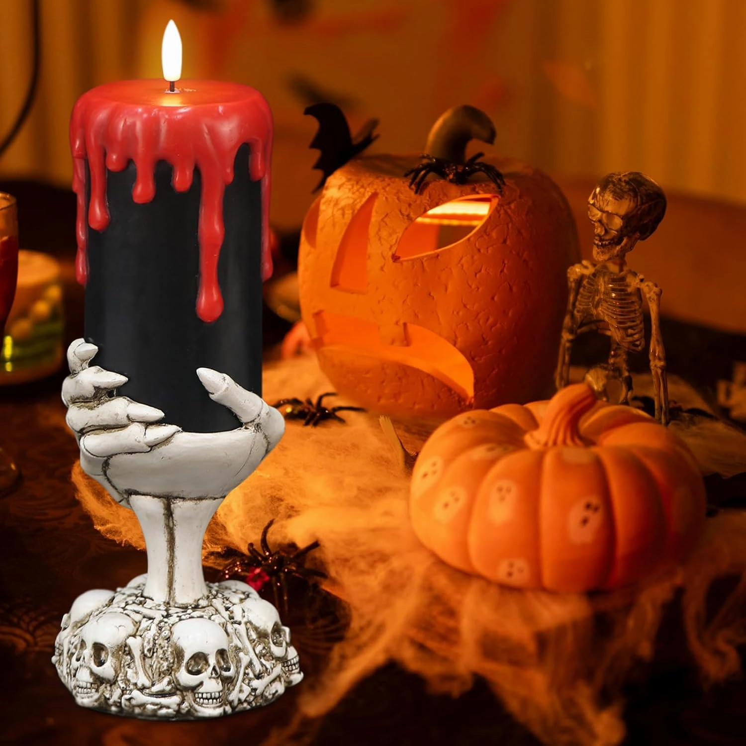 Black Halloween Flameless Candles with 6H Timer, Battery Operated LED Pillar Candles with Skull Hand Candle Holder, Halloween Decorations Dripping Wax Horror Spooky Indoor Table Centerpiece