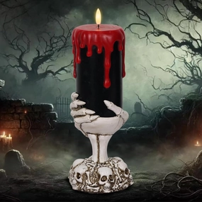 Black Halloween Flameless Candles with 6H Timer, Battery Operated LED Pillar Candles with Skull Hand Candle Holder, Halloween Decorations Dripping Wax Horror Spooky Indoor Table Centerpiece