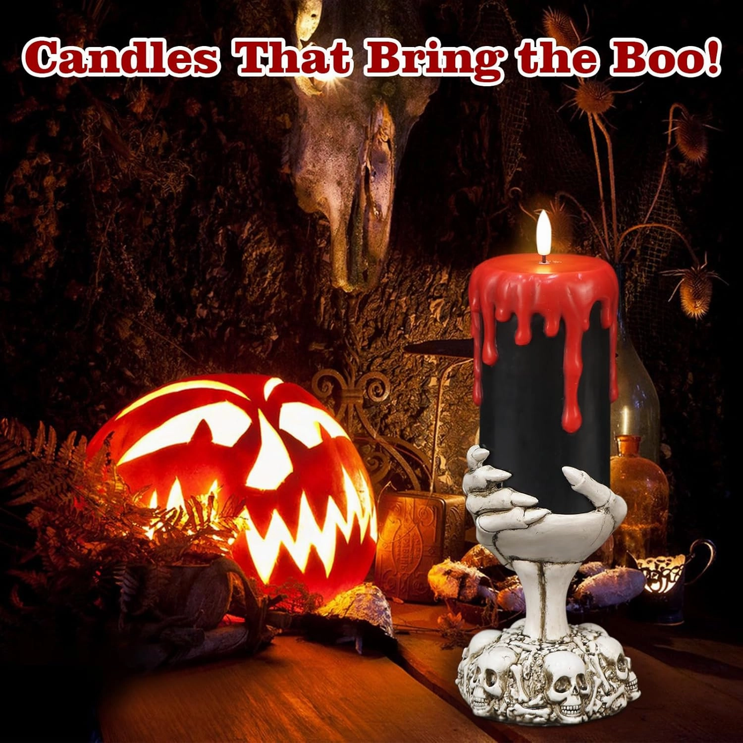 Black Halloween Flameless Candles with 6H Timer, Battery Operated LED Pillar Candles with Skull Hand Candle Holder, Halloween Decorations Dripping Wax Horror Spooky Indoor Table Centerpiece
