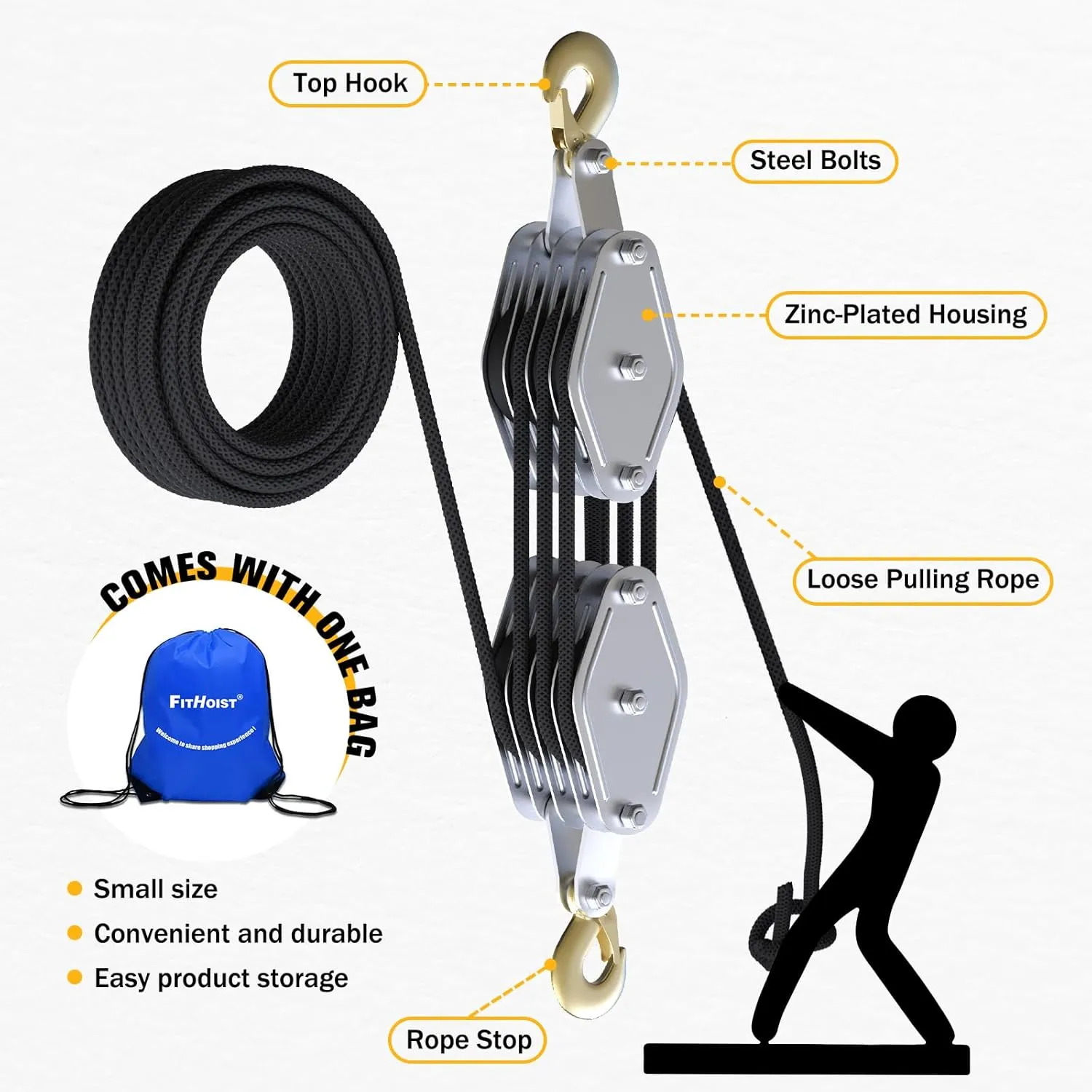 Block and Tackle Pulley System, 2200lbs for Lifting Objects, 4-Wheel Rope Pulley Hoist, 7:1 Lifting Power, 65Ft of 5/16” Rope, for Hunting Lifting Heavy Objects Garage Warehouses Building(Black)
