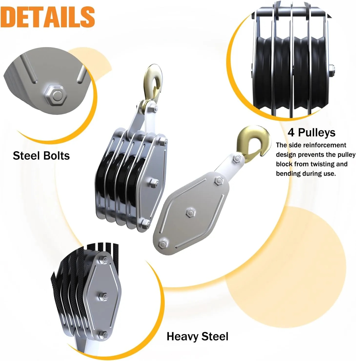 Block and Tackle Pulley System, 2200lbs for Lifting Objects, 4-Wheel Rope Pulley Hoist, 7:1 Lifting Power, 65Ft of 5/16” Rope, for Hunting Lifting Heavy Objects Garage Warehouses Building(Black)