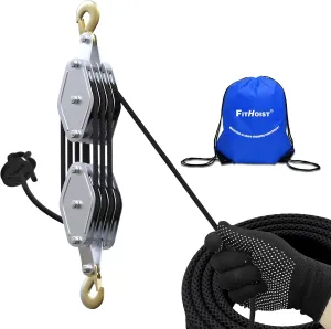 Block and Tackle Pulley System, 2200lbs for Lifting Objects, 4-Wheel Rope Pulley Hoist, 7:1 Lifting Power, 65Ft of 5/16” Rope, for Hunting Lifting Heavy Objects Garage Warehouses Building(Black)