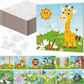 Blosssound 24 Pcs Coloring Puzzles 5.43 x 5.43 Inch Jungle Animals Crafts DIY Painting Gifts Safari Paper Puzzle Make Your Own Jigsaw for Educational Jigsaw Toy Birthday Gift Activities Supplies