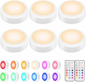 BLS LED Puck Lights with Remote Control, Wireless Under Cabinet & Closet Lighting, Color Changing Lights with Dimmer, Timer & AA Battery Operated, Stick on, 6 Pack