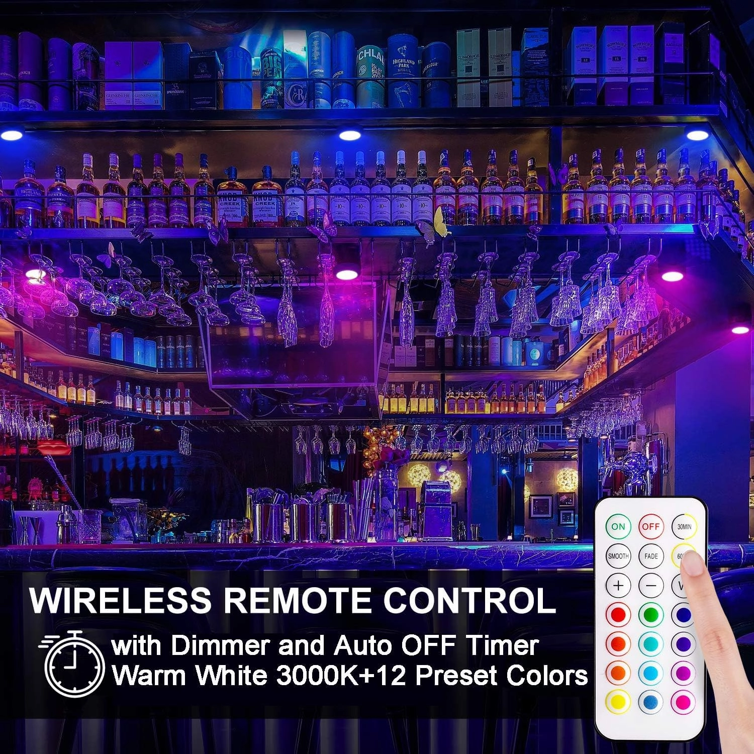 BLS LED Puck Lights with Remote Control, Wireless Under Cabinet & Closet Lighting, Color Changing Lights with Dimmer, Timer & AA Battery Operated, Stick on, 6 Pack