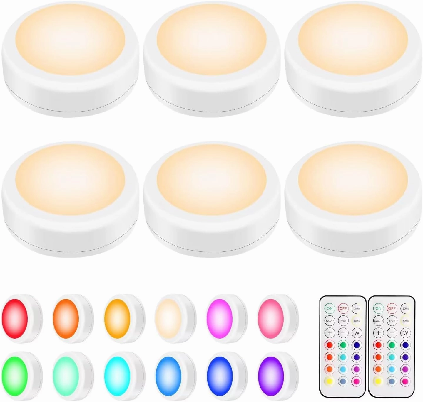 BLS LED Puck Lights with Remote Control, Wireless Under Cabinet & Closet Lighting, Color Changing Lights with Dimmer, Timer & AA Battery Operated, Stick on, 6 Pack