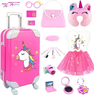 BNUZEIYI Doll Clothes and Accessories - Travel Play Set for 18 Inch Doll, Doll Stuff with 18 Inch Doll Clothes, Cute Bag, Travel Pillow and Doll Pretend Makeup for 18 Inch Girl Doll Girl Gift
