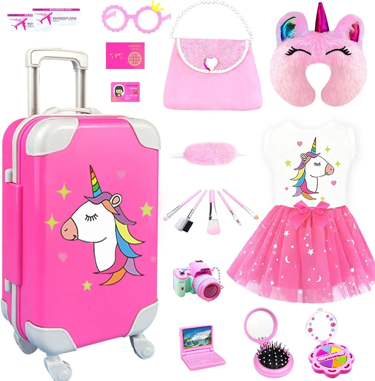 BNUZEIYI Doll Clothes and Accessories - Travel Play Set for 18 Inch Doll, Doll Stuff with 18 Inch Doll Clothes, Cute Bag, Travel Pillow and Doll Pretend Makeup for 18 Inch Girl Doll Girl Gift