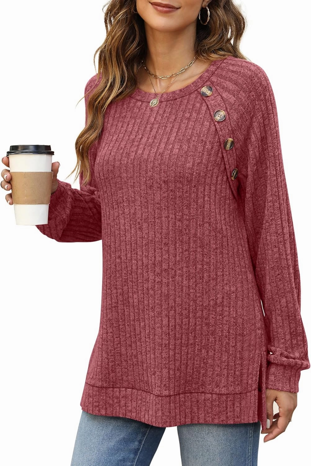 Bofell Long Sleeve Shirts for Women Lightweight Button Decor Tunic Tops Side Split