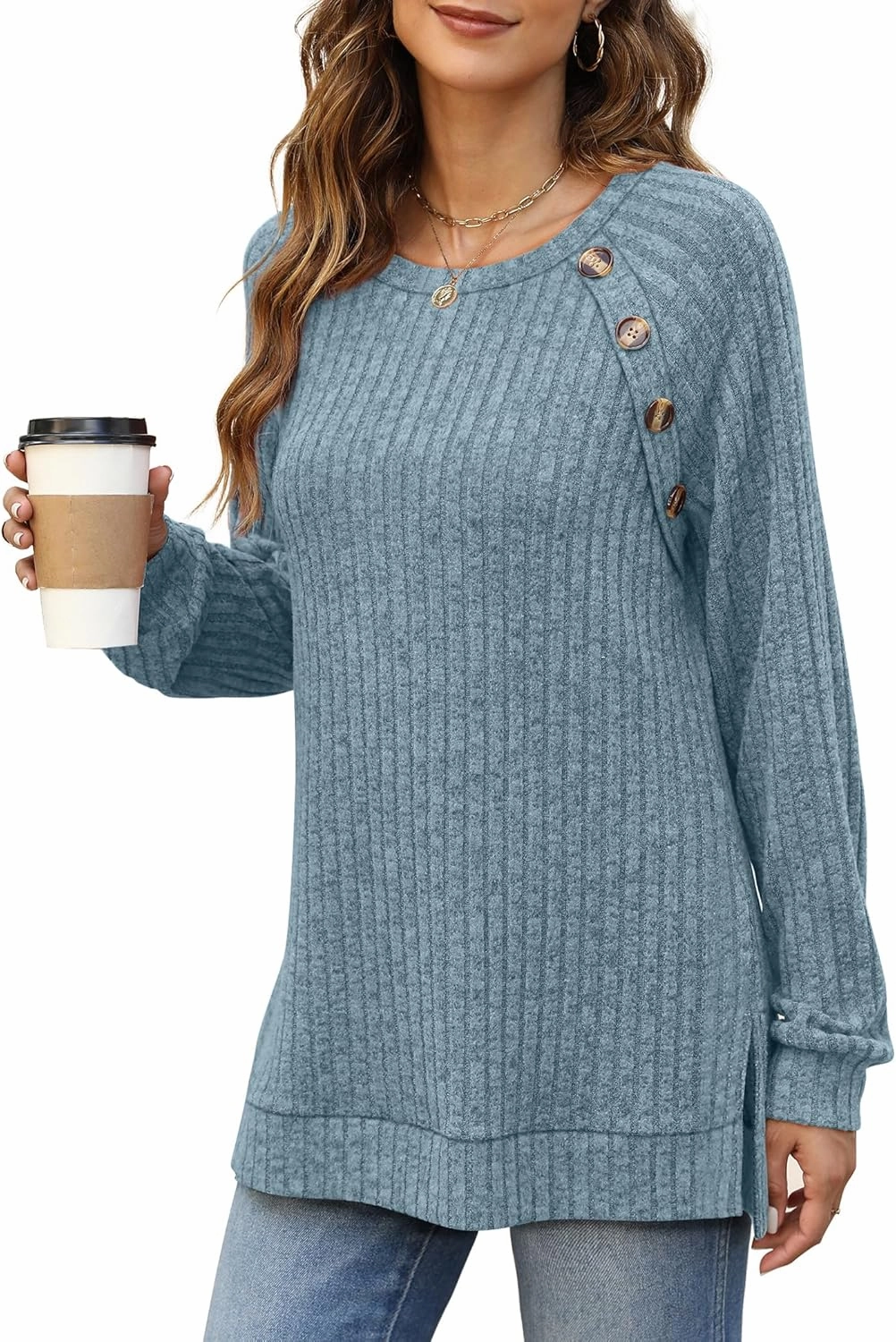 Bofell Long Sleeve Shirts for Women Lightweight Button Decor Tunic Tops Side Split