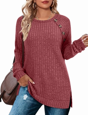 Bofell Long Sleeve Shirts for Women Lightweight Button Decor Tunic Tops Side Split