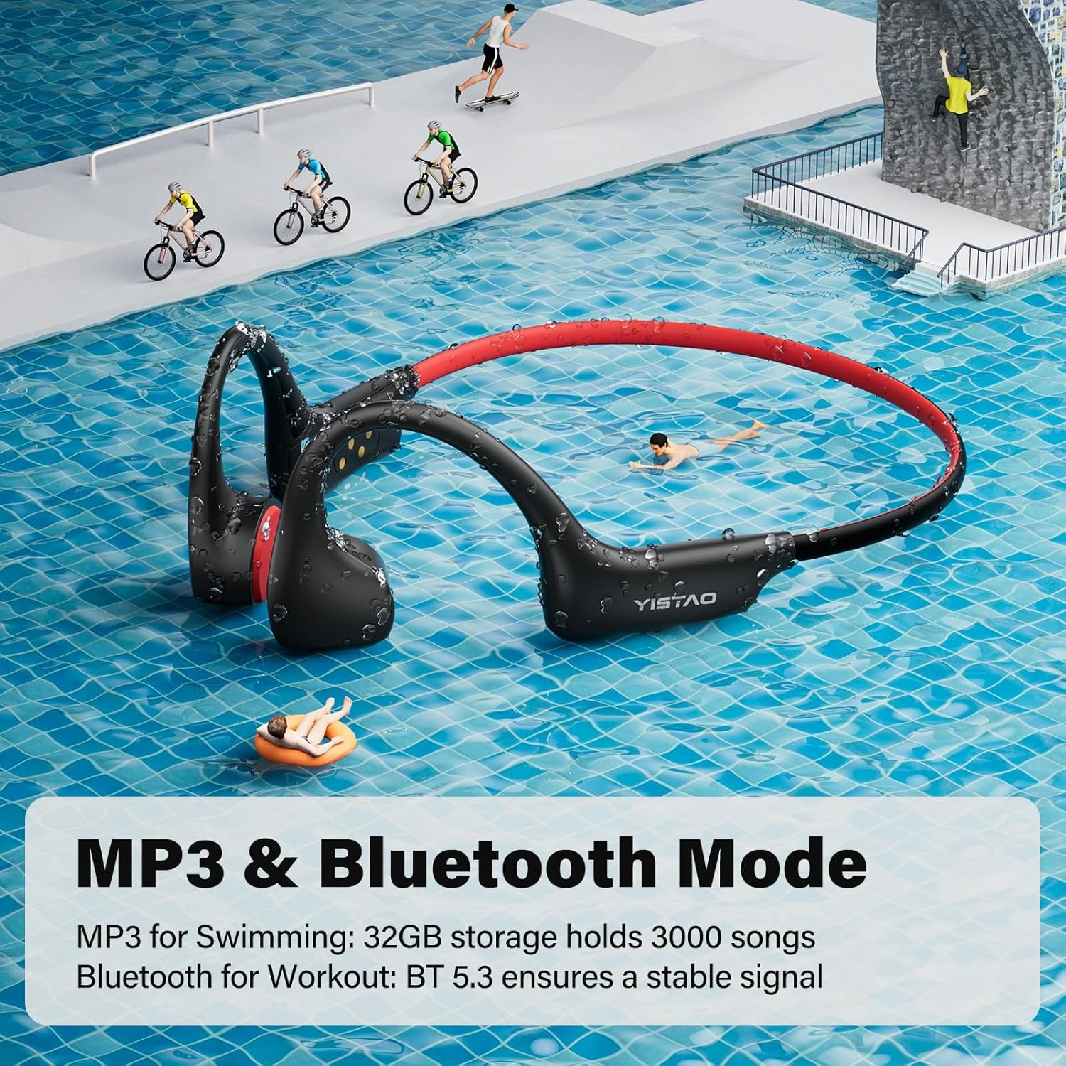 Bone Conduction Headphones, Open Ear Headphones Wireless Earphones, 32GB MP3, 8 Hours Playtime, Bluetooth 5.3, IP68 Waterproof Earphones for Running and Fitness Workout - Red