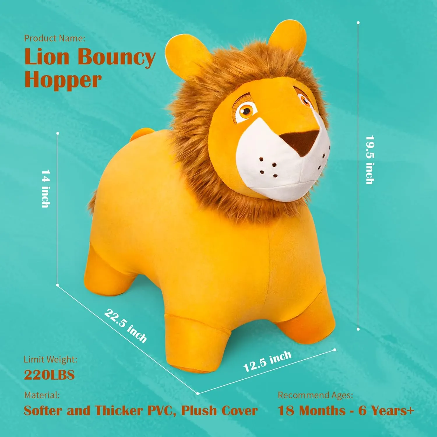 Bouncy Animal Kids Lion Hopper Toys, Plush Animal Bouncing Horse for Toddlers, Indoor Outdoor Activity Ride Jumping Horse Gifts for 18 Months 2 3 4 Year Old Boys Girls (W/Pump