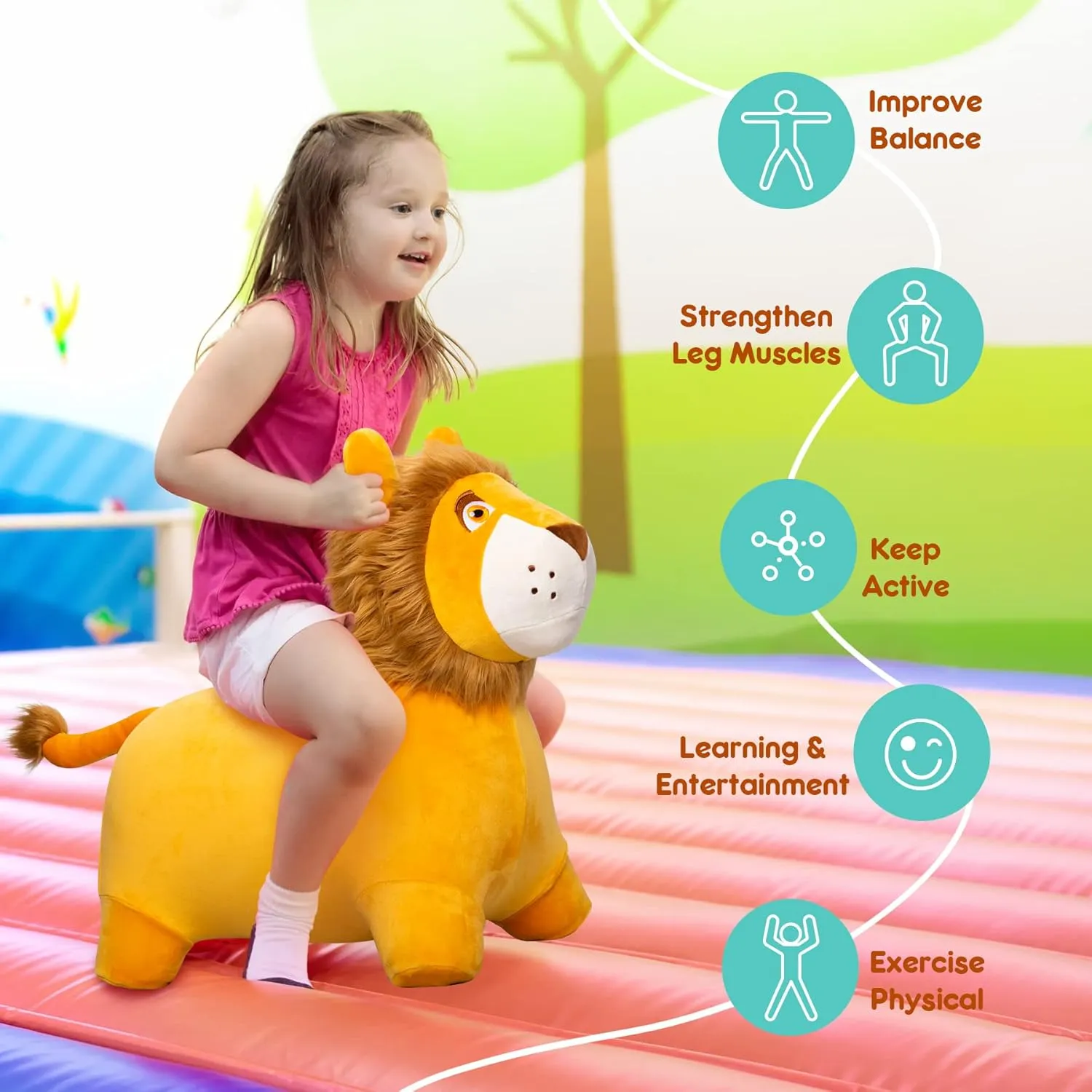 Bouncy Animal Kids Lion Hopper Toys, Plush Animal Bouncing Horse for Toddlers, Indoor Outdoor Activity Ride Jumping Horse Gifts for 18 Months 2 3 4 Year Old Boys Girls (W/Pump