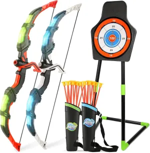 Bow and Arrow Set for Kids, 2-Pack LED Light Up Archery Set with 20 Suction Cup Arrows, Indoor and Outdoor Toy for Boys Girls Age 4-8 8-12 with Standing Target&2 Quivers, Birthday Gift 3-12 Years Old