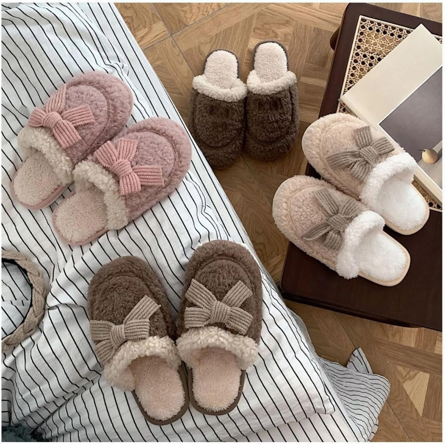 Bow slippers Plush cotton slippers Cotton slippers for men and women at home Warm cotton slippers Cotton slippers